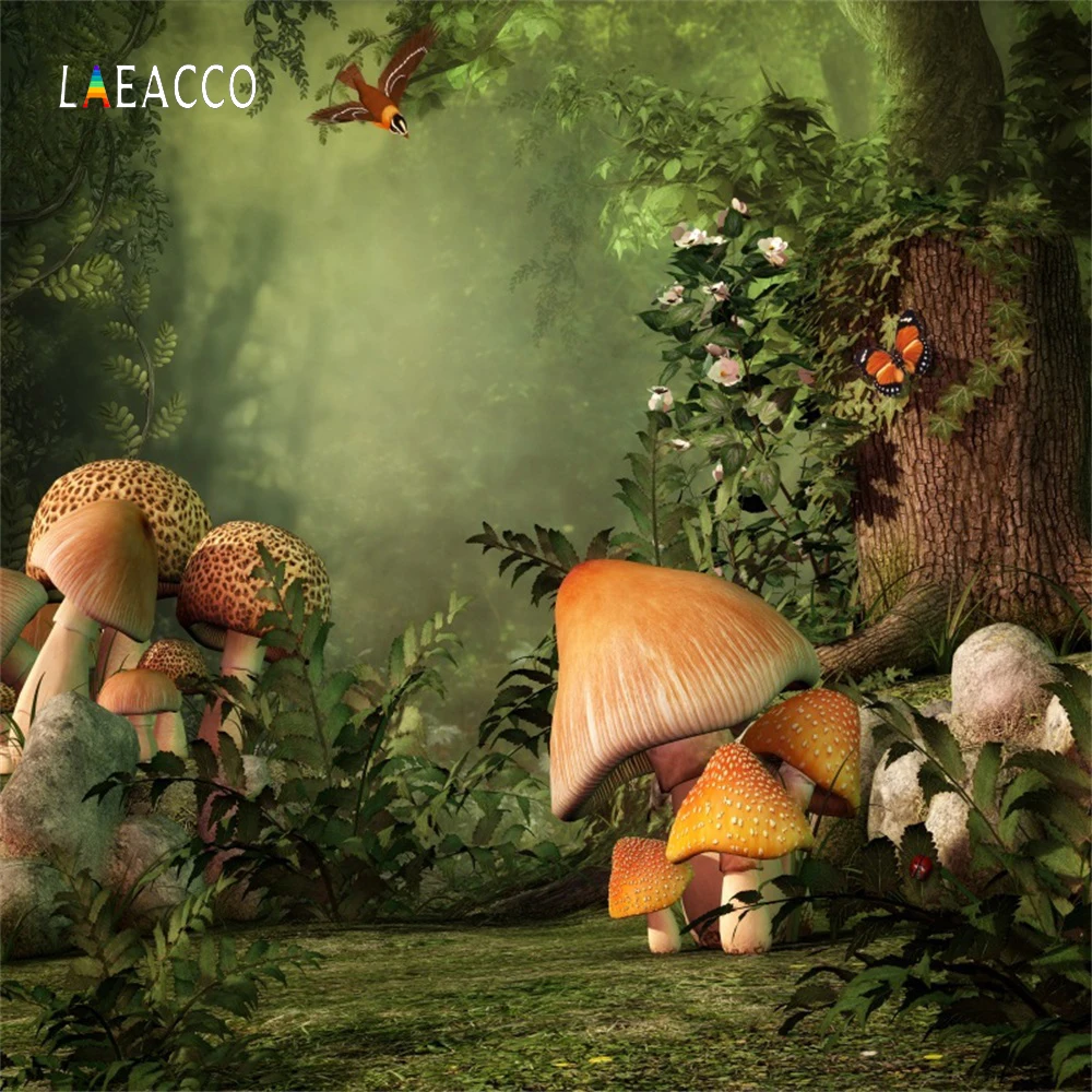 Laeacco Baby Forest Tree Butterfly Mushroom Grassland Photography Backgrounds Customized Photographic Backdrops For Photo Studio