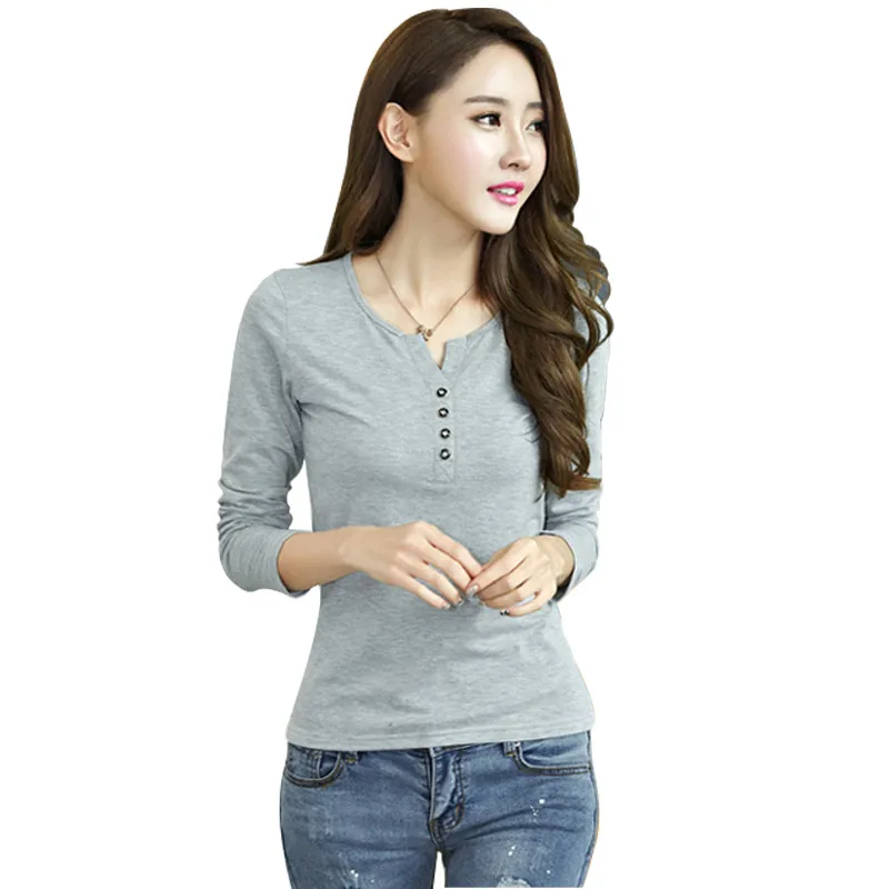 

Long Sleeve Button Female Tshirt Women Tops Shirts 2019 Spring Solid Women's T Shirt Casual Tees shirts Black White Grey #T20
