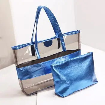 

Fashion 2Pcs/Set Women Patent Leather Patchwork Transparent Tote Handbag Clutch Bag HOT