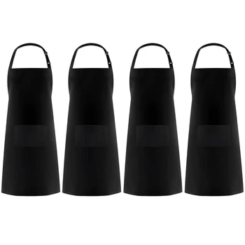 

Adjustable Bib Apron Waterdrop Resistant With 2 Pockets Cooking Kitchen Aprons For Women Men Chef, Black Pack Of 4