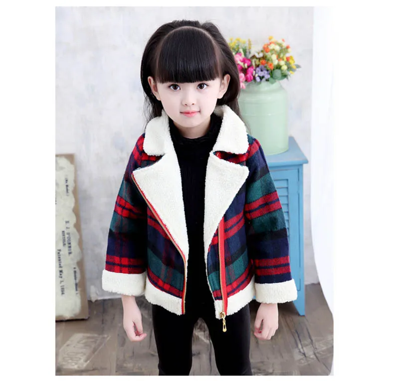 Autumn fall plaid thicken woollen jacket for girls kids zipper casual coat for girl woolen coat for girls (3)