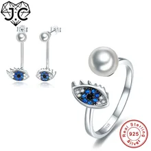 J.C женский юбилейный винтажный дизайн сапфировый Голубой топаз кольцо и серьги настоящий твердый 925 стандарт Стерлинговое Серебро комплект ювелирных изделий