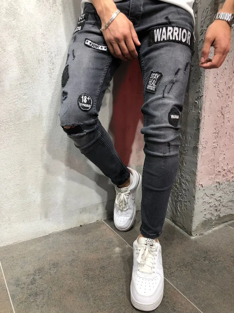 Skinny Hole Ripped Denim Jeans for Men Hip Hop Slim Fit Streetwear Patchwork Badge Distressed Black Pencil Pants