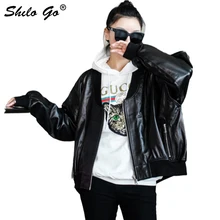 Кожаная женская куртка, Весенняя мода, овчина, натуральная кожа, пальто с круглым вырезом, повседневная, свободная, черная, на молнии, бейсбольная куртка