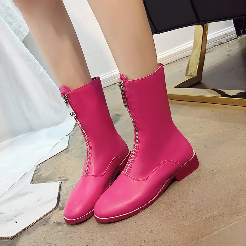

Fashion Martin boots New leather boots of 2018 women's fashion scooter round head middle tube zipper flat warm Martin boots