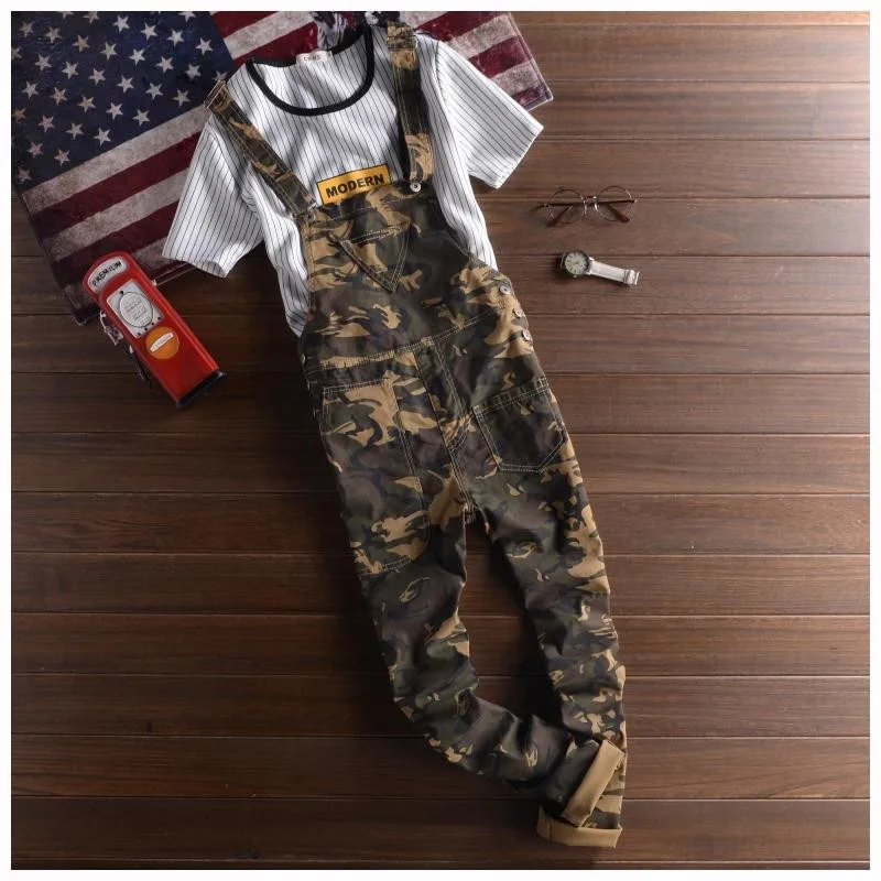 2018 New Fashion Camouflage Design Jeans Denim Overalls Men Casual Wash Skinny Bib Overalls Jeans Male Jumpsuit Jean Pant