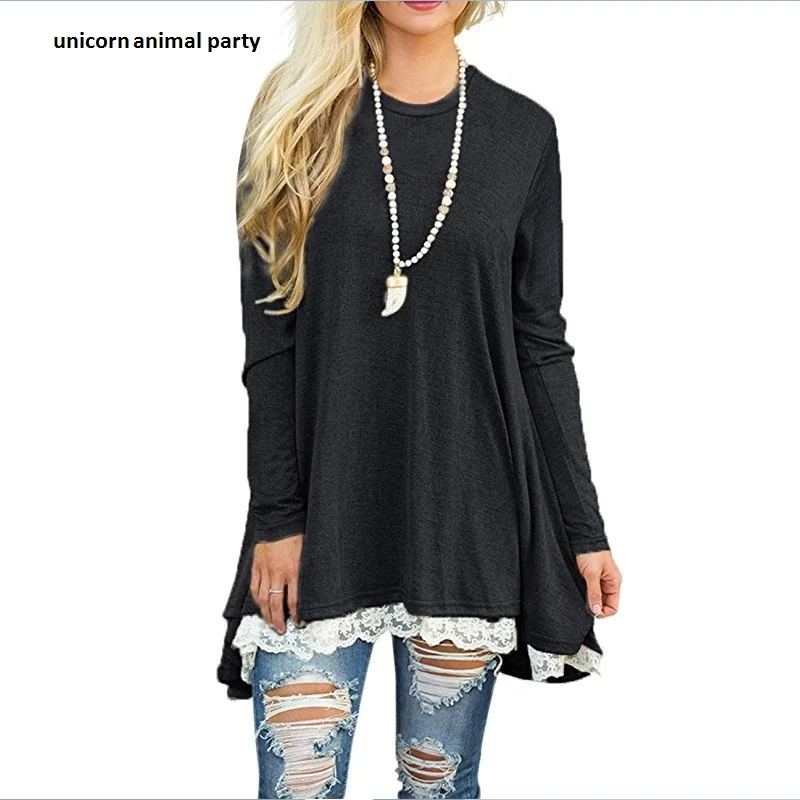 

girl spring autumn round collar pullover head lace stitching long sleeve big place loose leisure lady many kinds of color dresse