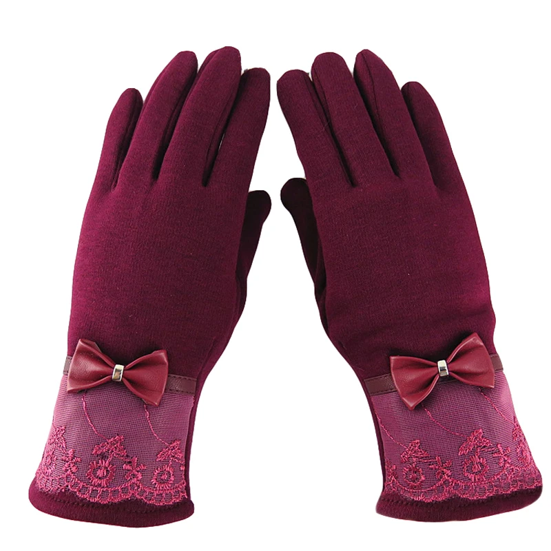300 пар/лот женские элегантные Зимние перчатки Кружева бантом Экран перчатки Для женщин Зима держать теплый плюш варежки