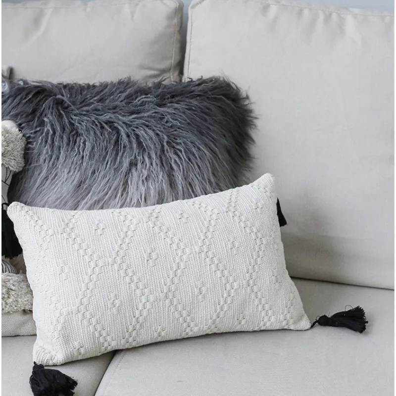 DUNXDECO наволочка для подушки, декоративный чехол для подушки, скандинавские Геометрические черно-белые линии, кисточки, современный Декор для дома, офиса, дивана, стула