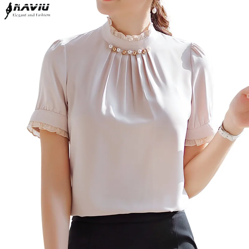 

2019 Summer New fashion womens tops and blouses high quality stand collar short sleeve shirt for office lady formal workwear
