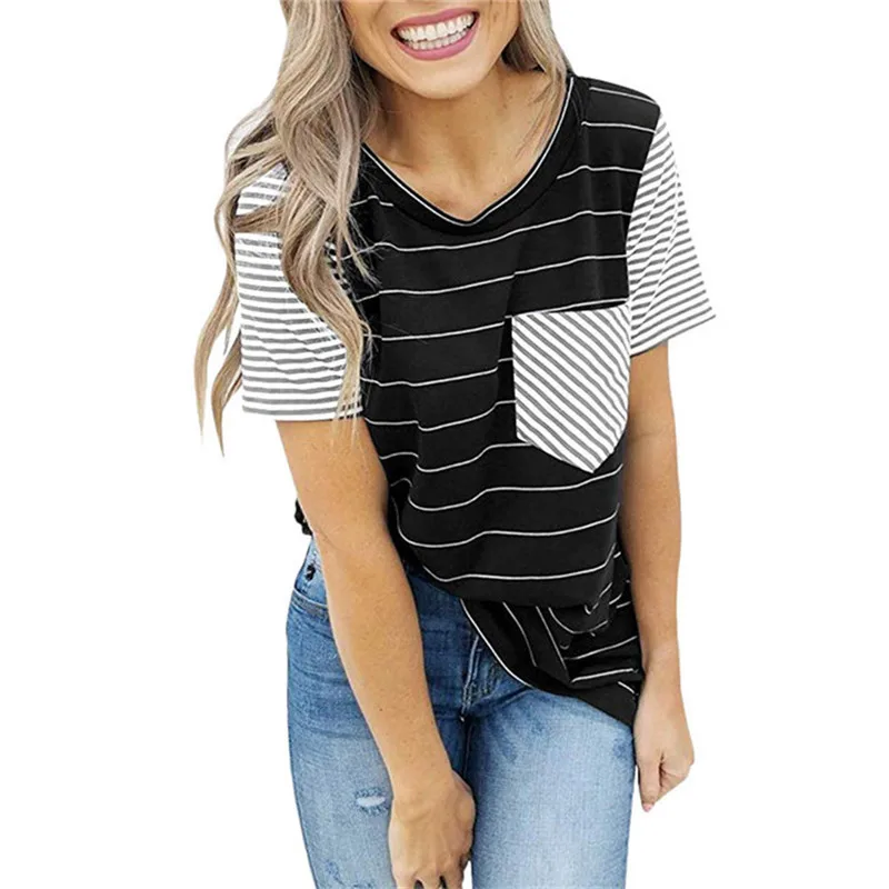 

Hot Sale 2019 Summer Casual Pocket Loose Striped T Shirt Women Tops Summer Regular Short Sleeve Printed Round Neck Ladies Tee