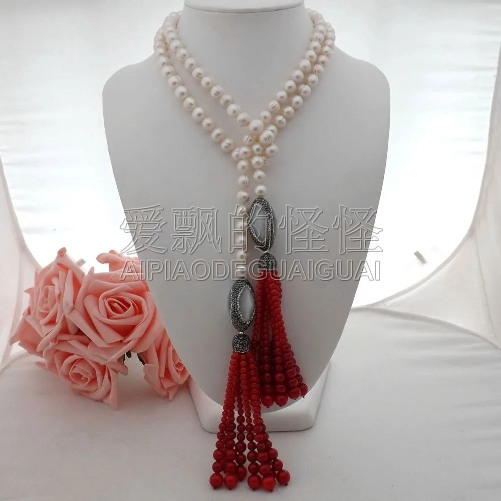 

Women's 42" White Pearl Red Coral Necklace