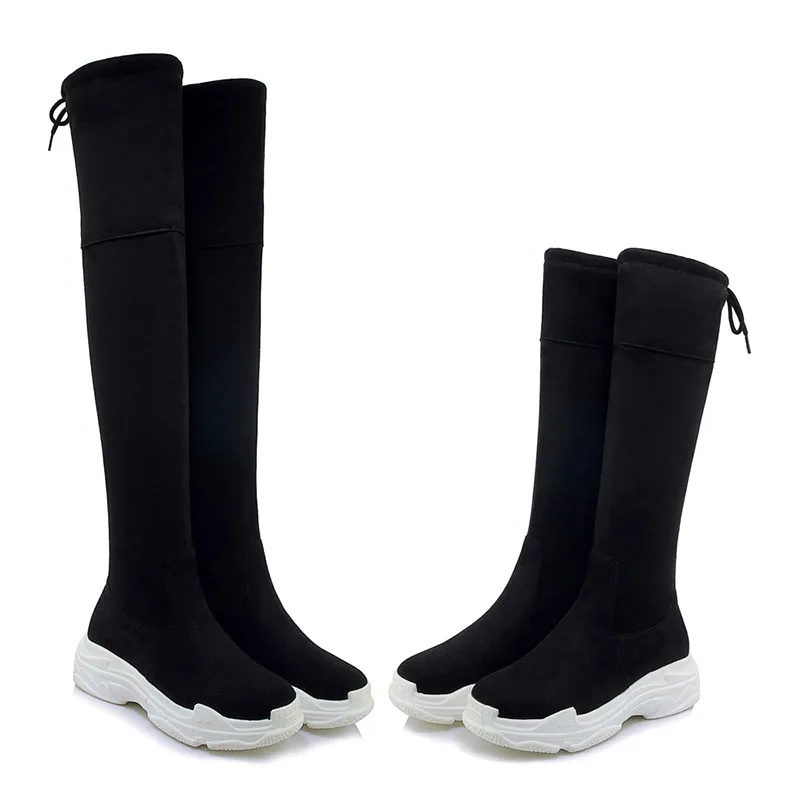 WETKISS/женские ботинки размера плюс 46 женские эластичные ботинки на плоской подошве с круглым носком и перекрестной шнуровкой Женская зимняя обувь из флока на платформе