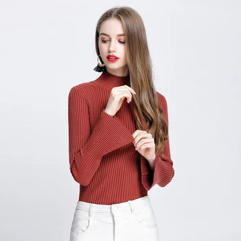 

Autumn Winter New Women Long Sleeve Pullovers Sweaters Bell Sleeve Knitted Sweater Elasticity Casual Jumper Slim Turtl