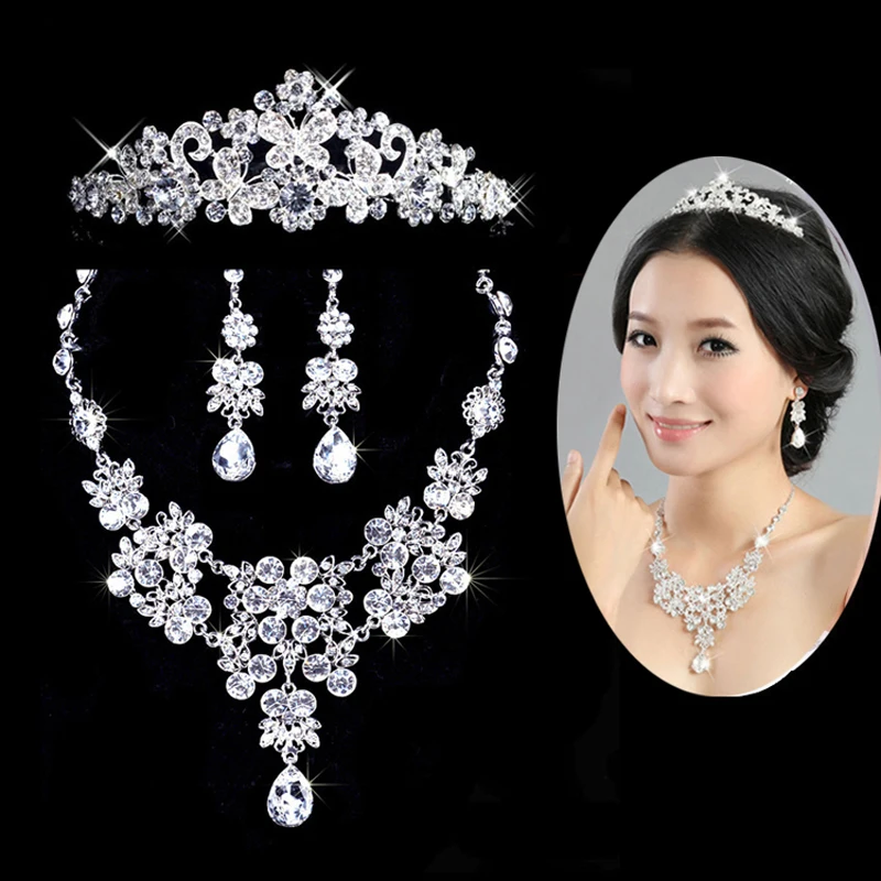 TREAZY Butterfly Flower Waterdrop Crystal Diamante Bride 3pcs Set
