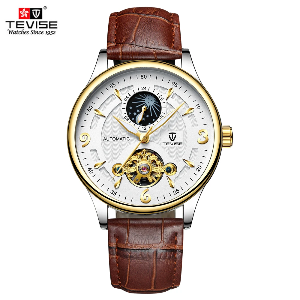 

TEVISE Leather Men's Watch Automatic Mechanical Man Watch Moon Phase Luminous Self-Winding relogio masculino Casual Men Clock