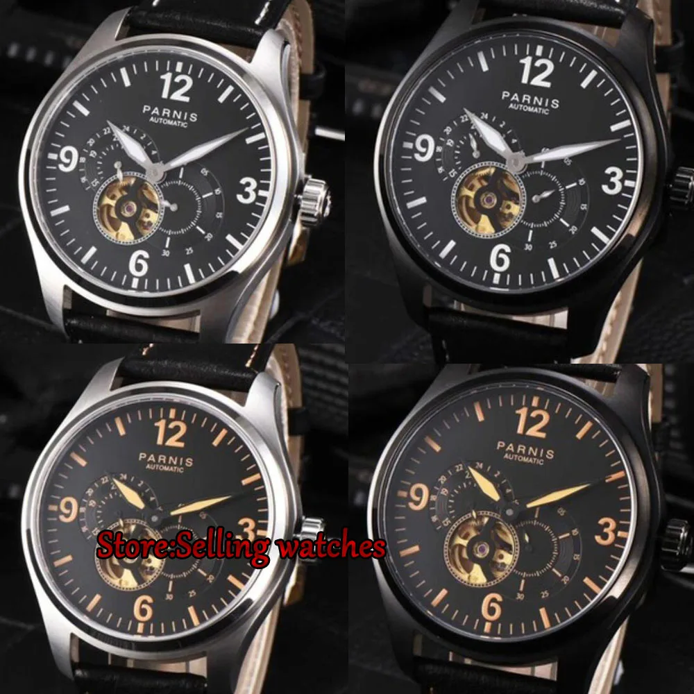 44mm Parnis Luminous Mechanical Men's Power Reserved Sapphire Leather Watches