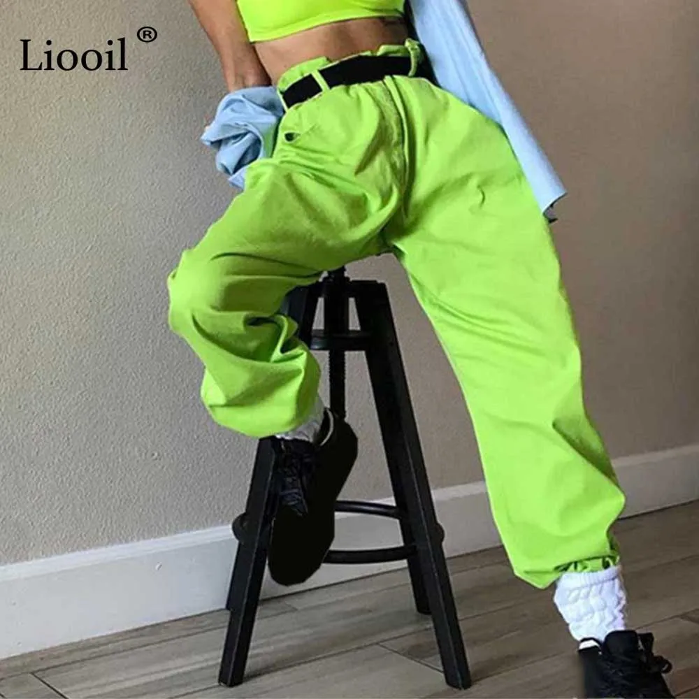 

Liooil Casual Loose Cargo Pants Women Clothes 2019 Fashion High Waist Hip Hop Pants Fluorescent Green Party Pantalones Trousers