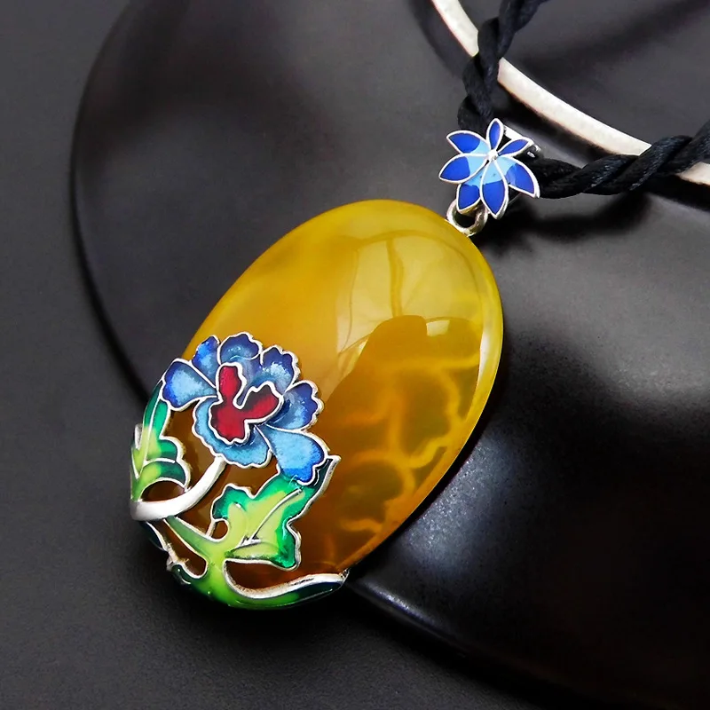 

FNJ 925 Silver Flower Pendant Red Zircon Natural Yellow Chalcedony Stone S925 Original Thai Silver Pendants for Women Jewelry