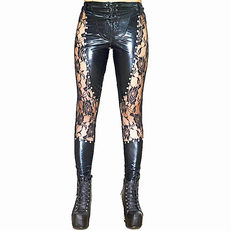 Women Faux Leather Bandage Sexy PU Pants Black Rivets Club Trousers Fashion Gothic Lace Pants Ladies Women Faux Leather Bandage Sexy PU Pants Black Rivets Club Trousers Fashion Gothic Lace Pants Ladies