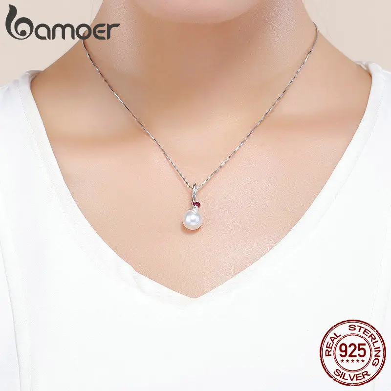 BAMOER Genuine 925 Sterling Silver Elegant Pearl Heart CZ Pendant Charms Fit Bracelets& Necklaces Chain Fine Jewelry SCC782