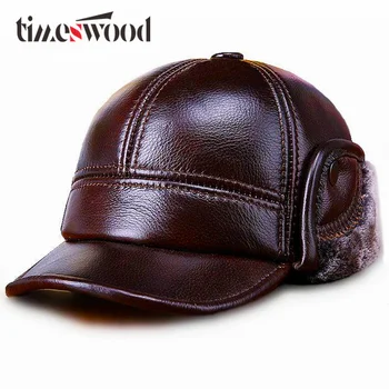 

Genuine Real Cow Leather Caps Warm Men Ear Protection Hat Fitted Casual Solid New Brown Russian Winter Baseball Cap Dropshipping