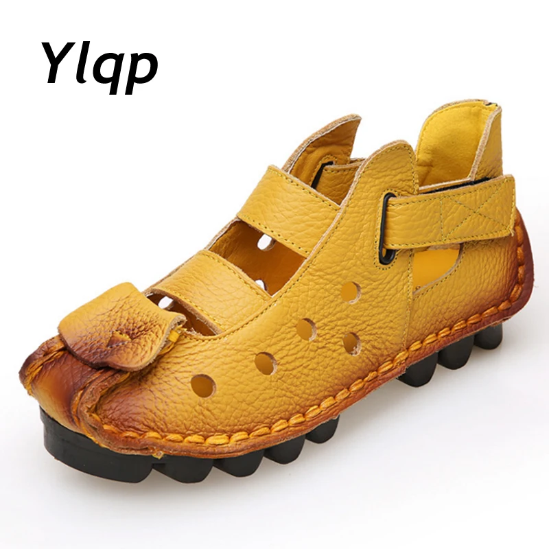 2018 Summer New Soft Bottom Flat Genuine Leather Women Shoes Personality Leisure Sandals Retro Handmade Sapato huismerk kopen in de aanbieding