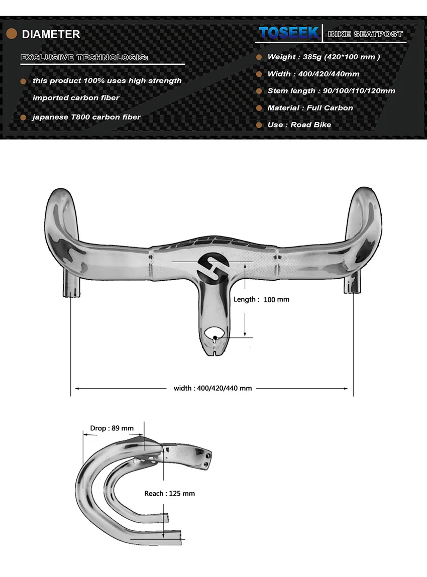 TOSEEK Глянцевая труба из углеродистого волокна 3K углеродная велосипедная дорога, интегрированый руль велосипеда стволовых 28,6X400/420/440-100 мм