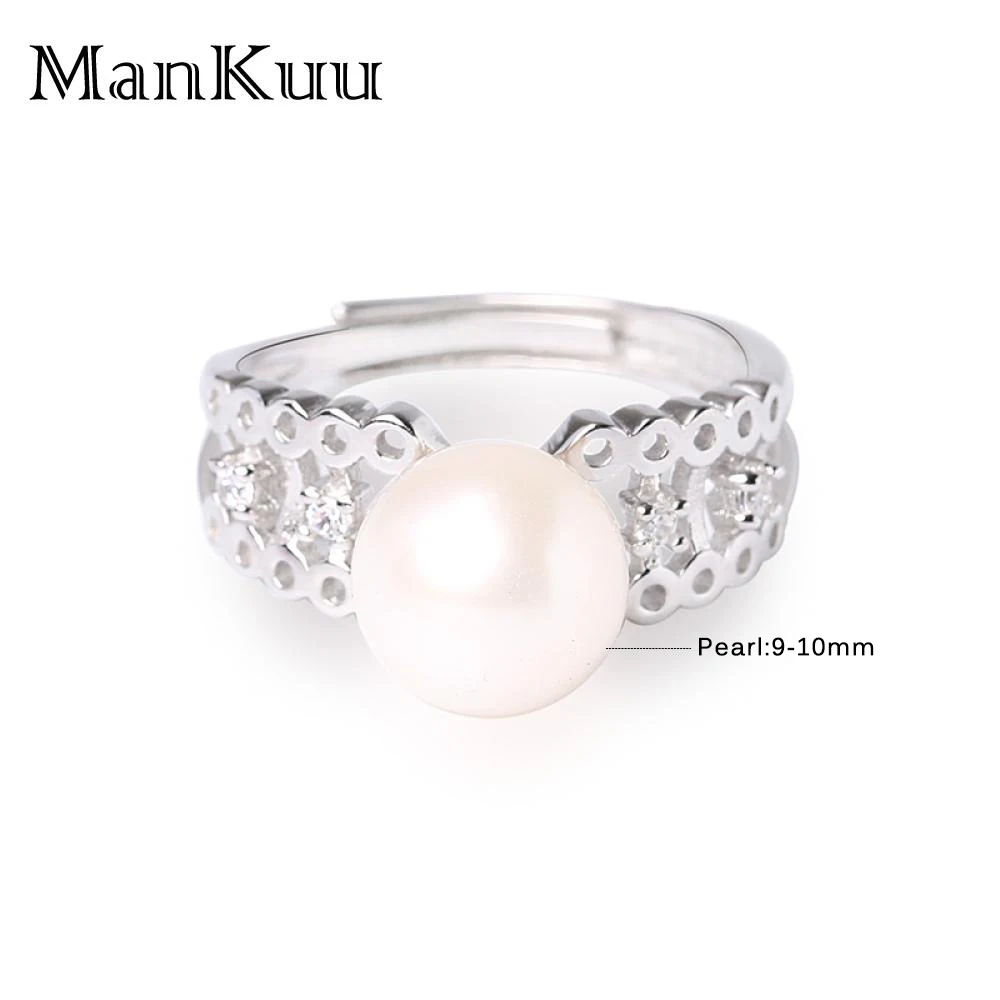 ManKuu Engagement Sterling Silver 925 Ring AAA+ Natural Freshwater Pearl Hollow-Carved Design Micro Pave Diamond Rings For women