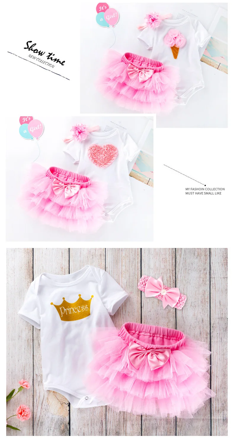 Летняя одежда для маленьких девочек 0-2 лет, комплект с платьем для дня рождения, костюмы, комплекты одежды для младенцев, комбинезон, повязка на голову, пачка, Bebes