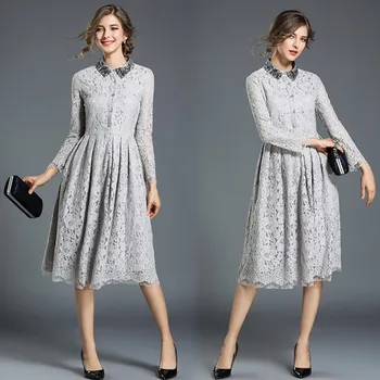 

Elegant Lace A-line Solid Knee-length Dress Natural Turn-down Collar Autumn Slim Fit Long Sleeve Office Robe Winter Dress