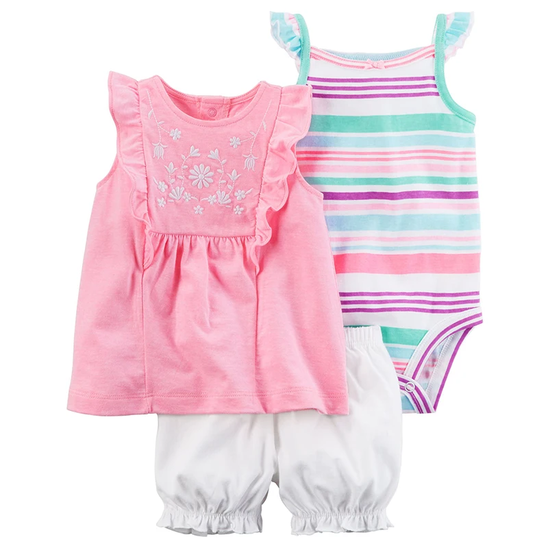 sleeveless floral T shirt tops+romper+shorts summer clothes set for baby girl 2021 newborn outfit babies clothing suit cotton baby outfit matching set