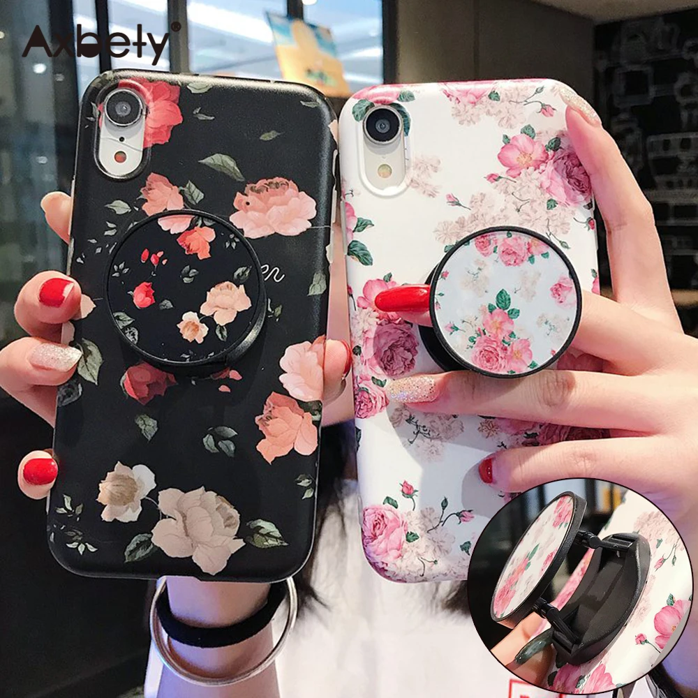 

For iPhone XR 11 Pro X XS Max Case Luxury Flower Pattern Foldable Kickstand Holder Cover For iPhone 7 6 6s 8 Plus Soft TPU Coque