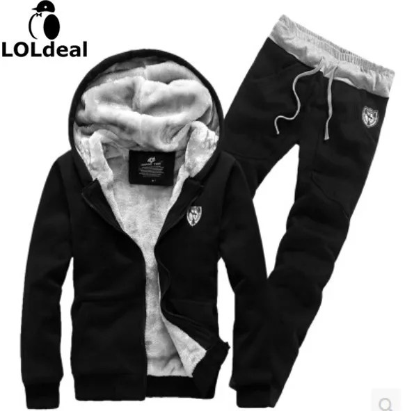 Men's Grey Plus Velvet Thickening With A Hood Cardigan Sweatshirt Male Set Outerwear Burgundy Black Navy Blue Hoodie+Pants | Мужская