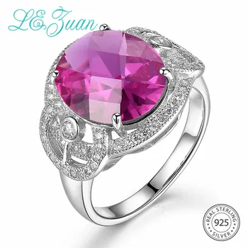

L&zuan Checkerboard Cut 7.91ct Created Pink Ruby Ring in Real 925 Sterling Silver White CZ Woman Ring Gemstone Fine Jewelry Gift