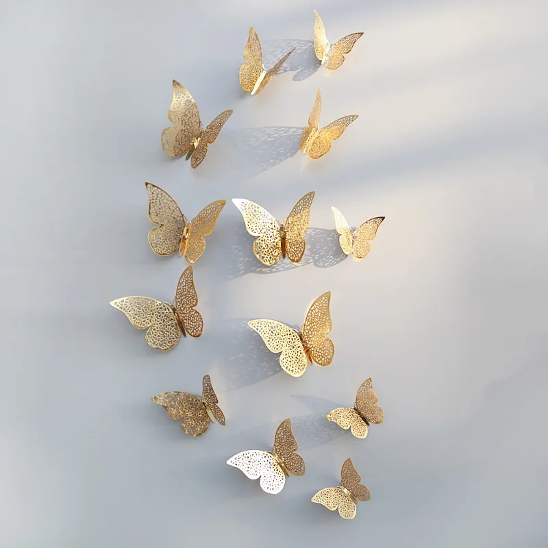 12 шт./компл. полые 3D настенное украшение в виде бабочки Стикеры для Свадебные украшения гостиной домашний декор золотого и серебряного цвета наклейки в форме бабочек - Цвет: Gold B