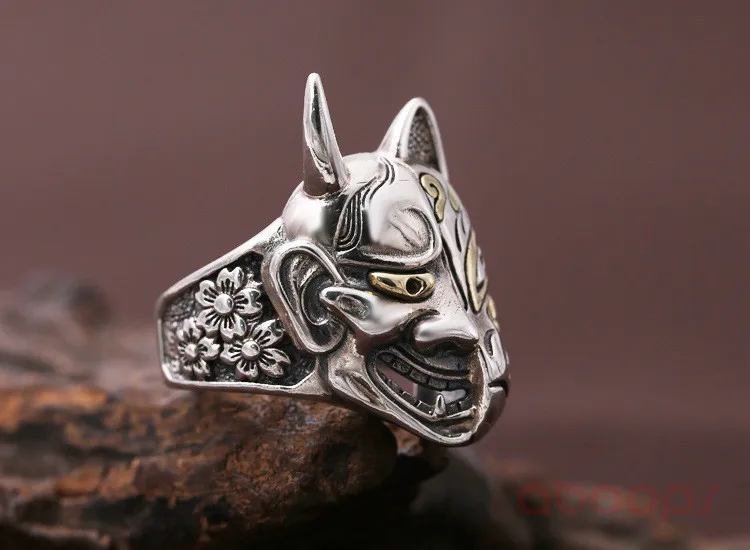 Vintage 925 Sterling Silver Japanese Prajna Mask Ring Jewelry with Sakura for Men Size 8.5 9 10 10.5 Free Shipping Fashion Jewelry