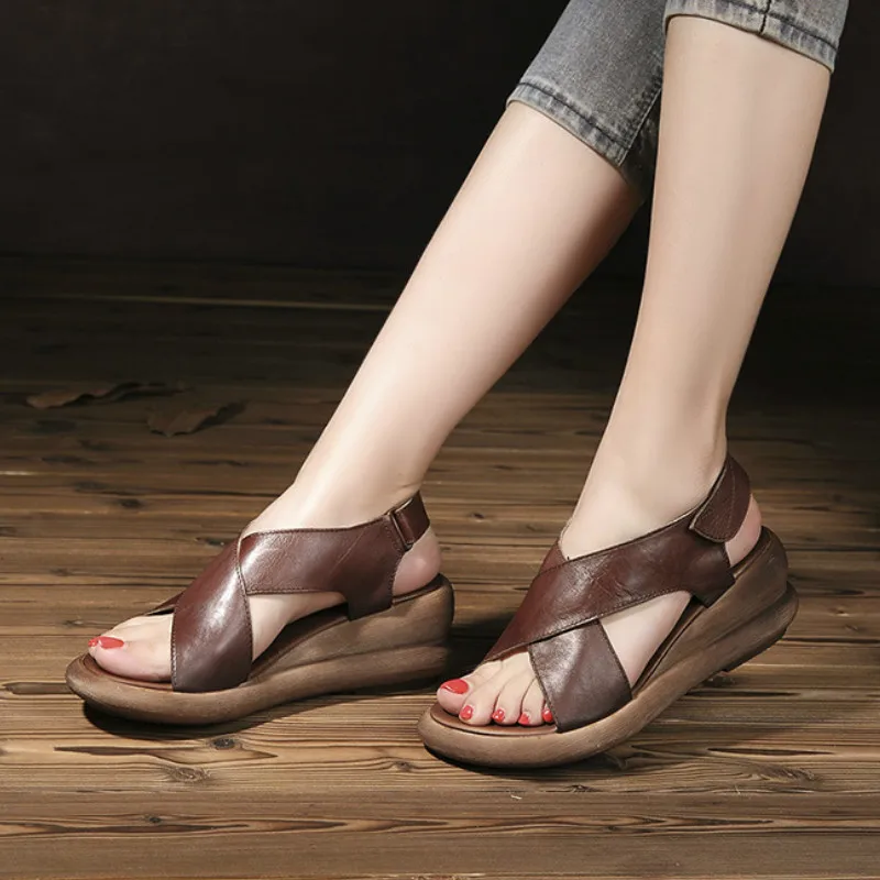 Mujeres Cuña chocolate Tywakiho De Las Retro Cm Sandalias 6 Mujer Mano Hechos Tacón Genuino Beige Cuero Alto Verano Café A Zapatos nn1UrwRP
