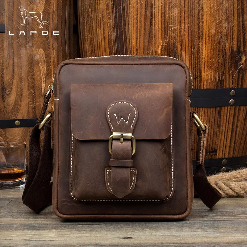 LAPOE Vintage Crazy Horse Genuine Leather Men Bags Men Messenger Bag Man Shoulder Crossbody Bags Leather Handbag Male Small Bag LAPOE Vintage Crazy Horse Genuine Leather Men Bags Men Messenger Bag Man Shoulder Crossbody Bags Leather Handbag Male Small Bag