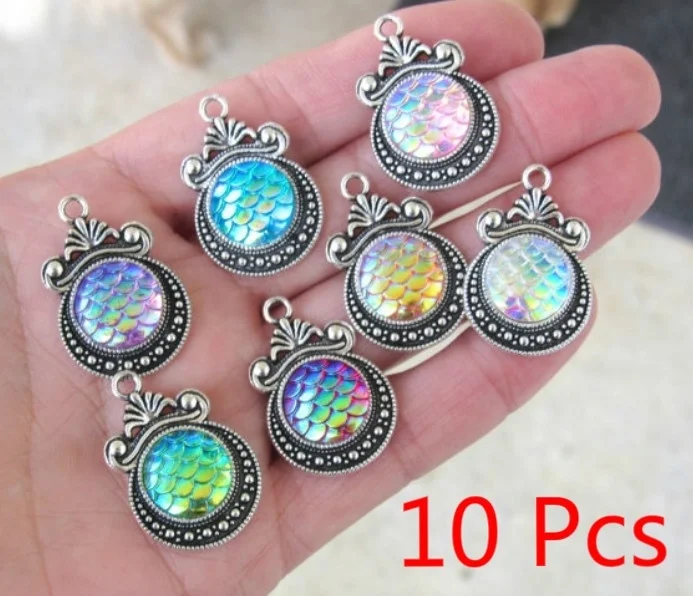 

10 Pcs Retro Mermaid Charm 12MM Ancient Silver Moon Scales Bottom Pendant