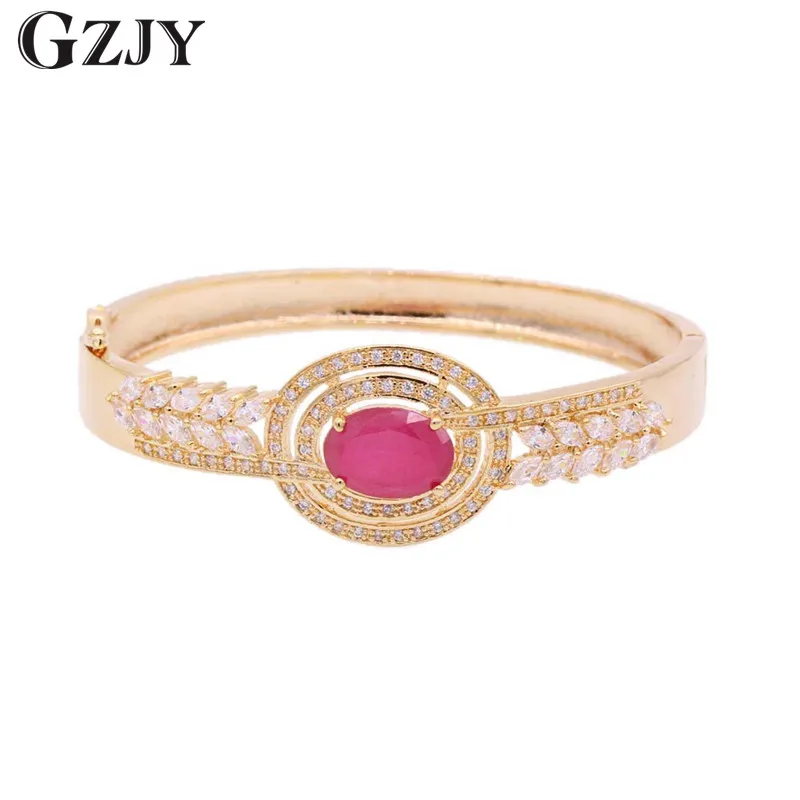 GZJY Na Moda da Cor do Ouro Charme Cuff Bangle Oval Red Zircon Pulseiras Para As Mulheres da Festa de Casamento Presentes Da Jóia 52mm