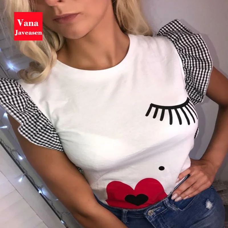 

Vana Javeasen Women Ruffle Fashion T-Shirt Eyelashes Red Lips Print Tees O-Neck Butterfly Sleeve Woman's Clothes Simple Tops