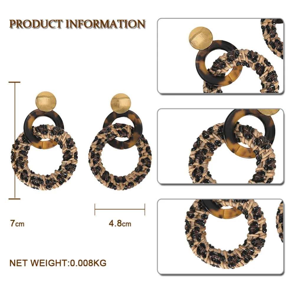 Dvacaman, Ротанговые деревянные серьги для женщин, Леопардовый принт, полимерные свисающие серьги, геометрические круглые массивные серьги, ювелирное изделие
