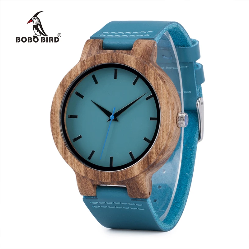 BOBO BIRD Men Zebra Wood Watches relojes hombre Quartz Wristwatches Male Leather Strap in Gifts Drop ship Turquoise blue
