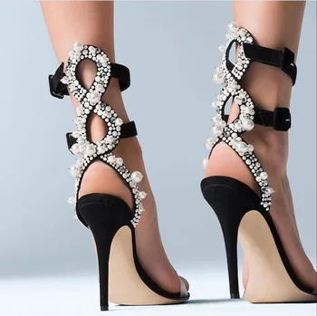 

New Fashion Elegant Pearl Buckles Women Open Toe Sandals Clear PVC Straps Ladies Sexy High Heels Faux Suede Leather Stiletto
