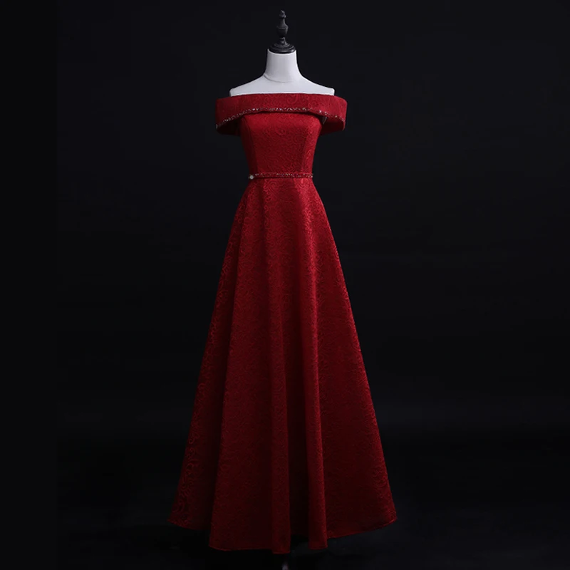 

New Elegant Wine Red Lace Boat Neck Long Evening Dresses For Wedding Party Summer Formal Dress 2019 Maxi Dresses Vestidos