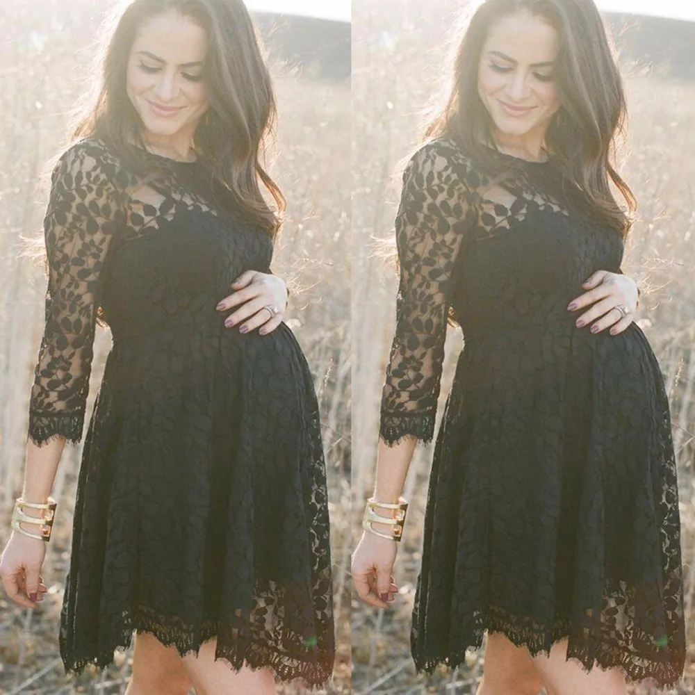 

Puseky Black Lace Maternity Dresses Long Sleeve Pregnancy Dresses Clothes for Pregnant Women Auntumn