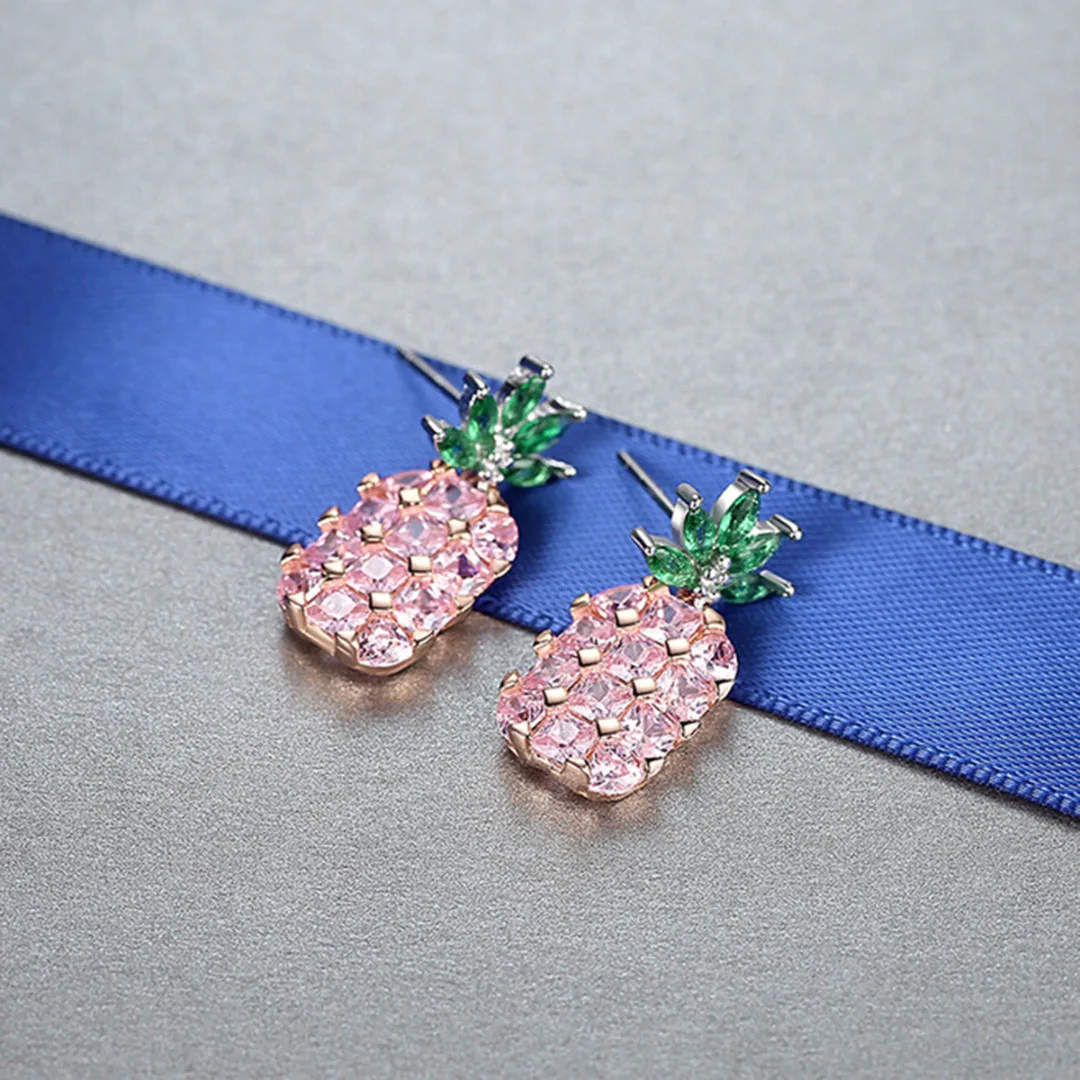 Womens Girls Cute Bling Gold Pink Fruit Pineapple Crystal Ear Stud Earring