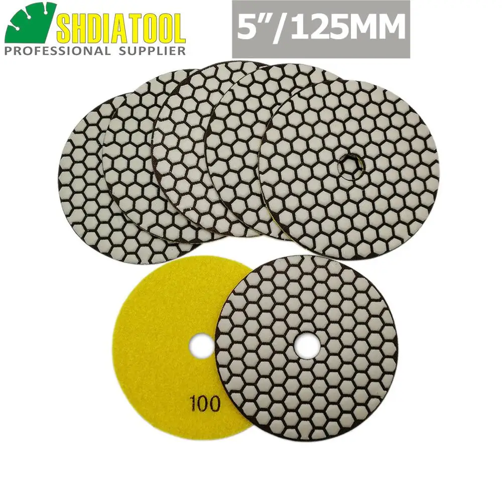 

SHDIATOOL 7pcs 5" #100 B Diamond dry polishing pads Dia 125mm Resin Bond Sanding Disc For Granite Marble Stone Polisher Pad