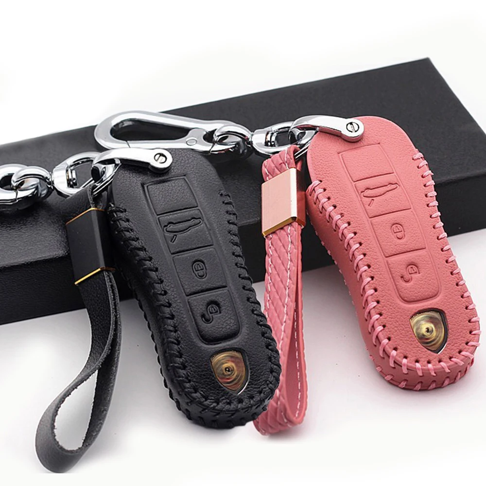 

Genuine Leather Car Key Cover Holder Case Ring For Porsche Macan 911 Panamera Cayenne 2017 2018 Protective Case Bag